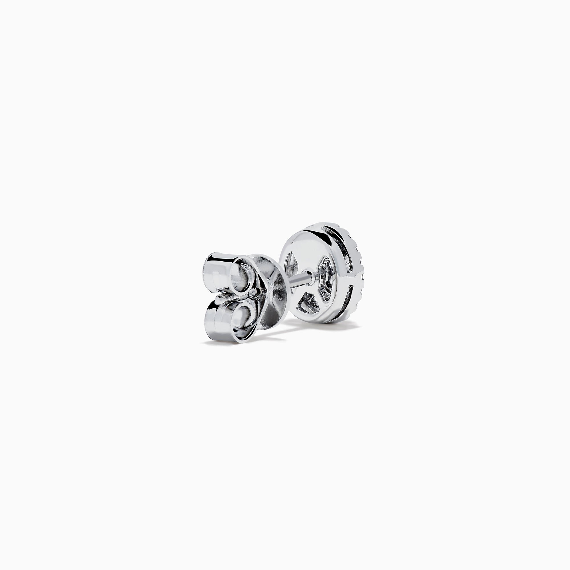 Caviar 14K White Gold Black Diamond Stud Halo Earrings, featuring oval-shaped black diamonds encircled by a halo of clear stones in 14K white gold, displayed on a white background.