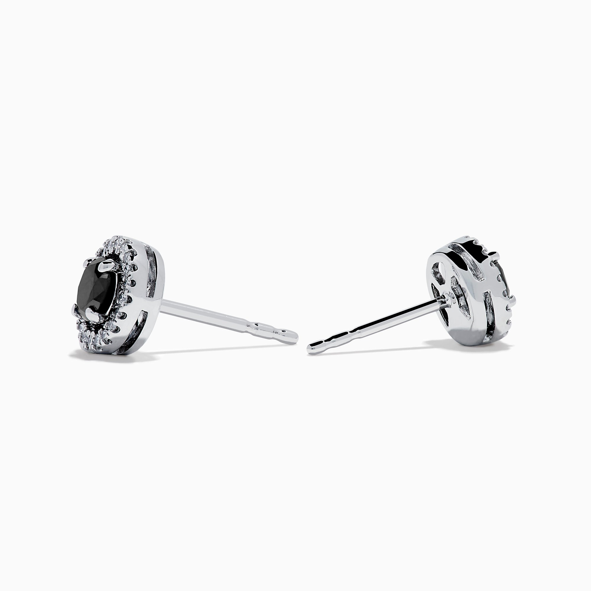 Caviar 14K White Gold Black Diamond Stud Halo Earrings, featuring oval-shaped black diamonds encircled by a halo of clear stones in 14K white gold, displayed on a white background.