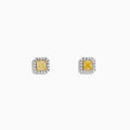 The Canare 18K Two-Tone Gold Cushion Cut Yellow Diamond Halo Stud Earrings feature yellow diamonds bordered by small white stones, shown against a plain white background.