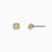 The Canare 18K Two-Tone Gold Cushion Cut Yellow Diamond Halo Stud Earrings feature yellow diamonds bordered by small white stones, shown against a plain white background.