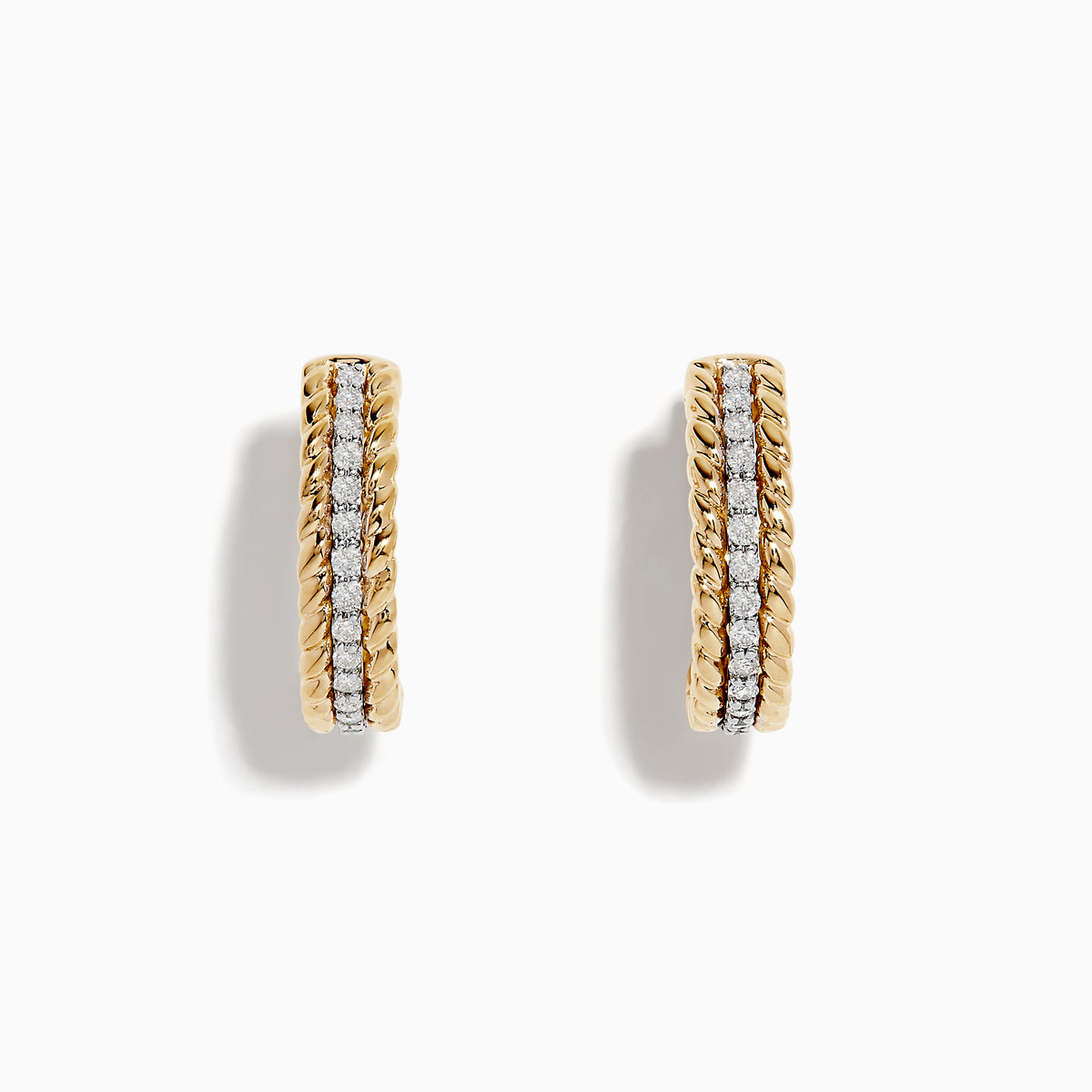 The Duo 14K Two Tone Gold 5/8 Diamond Hoop Earrings feature a twisted rope design and a vertical row of sparkling diamonds at the center.