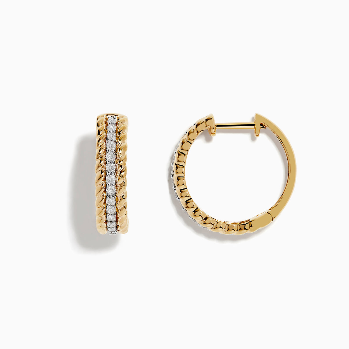 The Duo 14K Two Tone Gold 5/8 Diamond Hoop Earrings feature a twisted rope design and a vertical row of sparkling diamonds at the center.