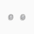 The Classique 14K White Gold Diamond Stud Earrings 0.59 TCW feature oval studs with central baguette-cut diamonds, each encircled by a halo of sparkling round stones.