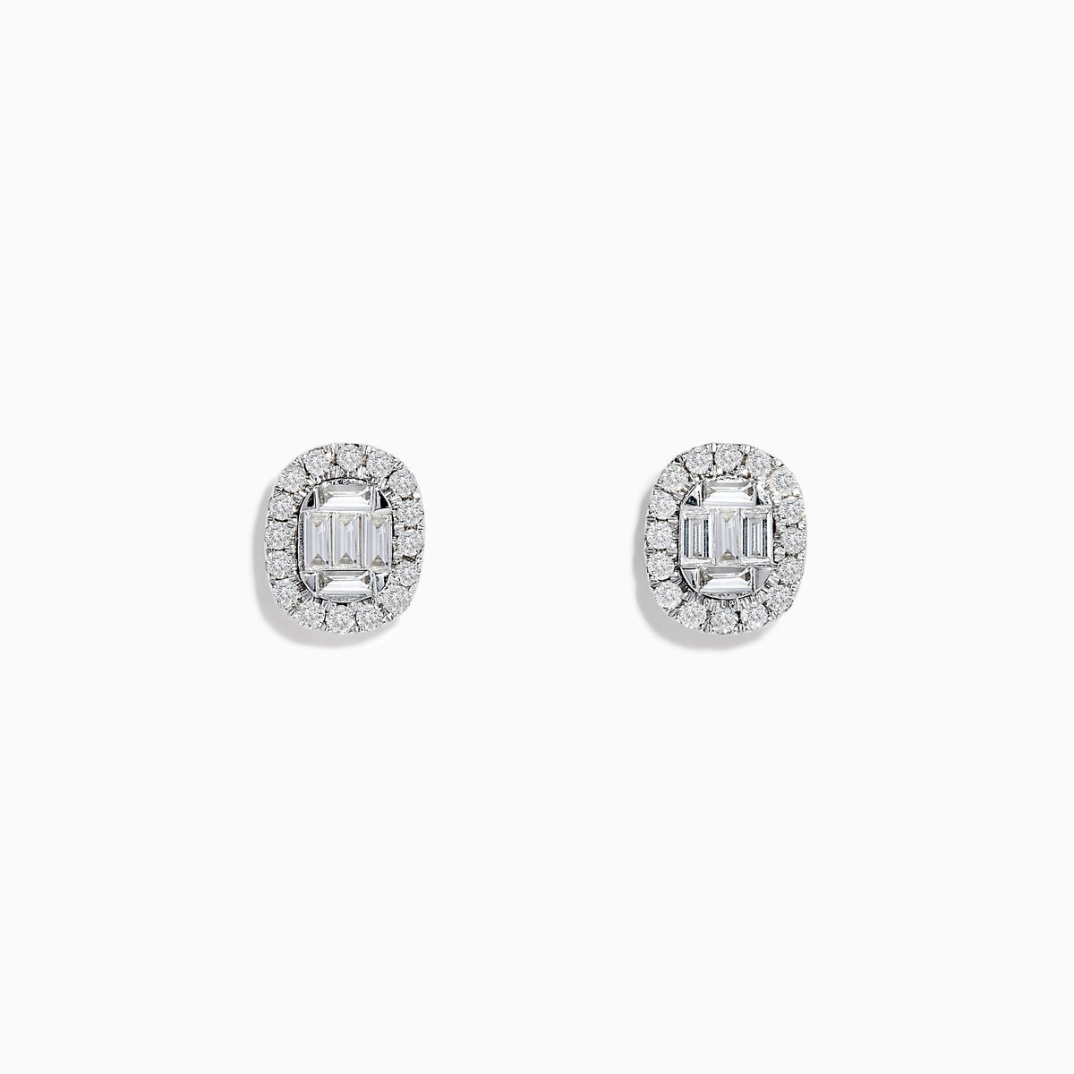 The Classique 14K White Gold Diamond Stud Earrings 0.59 TCW feature oval studs with central baguette-cut diamonds, each encircled by a halo of sparkling round stones.
