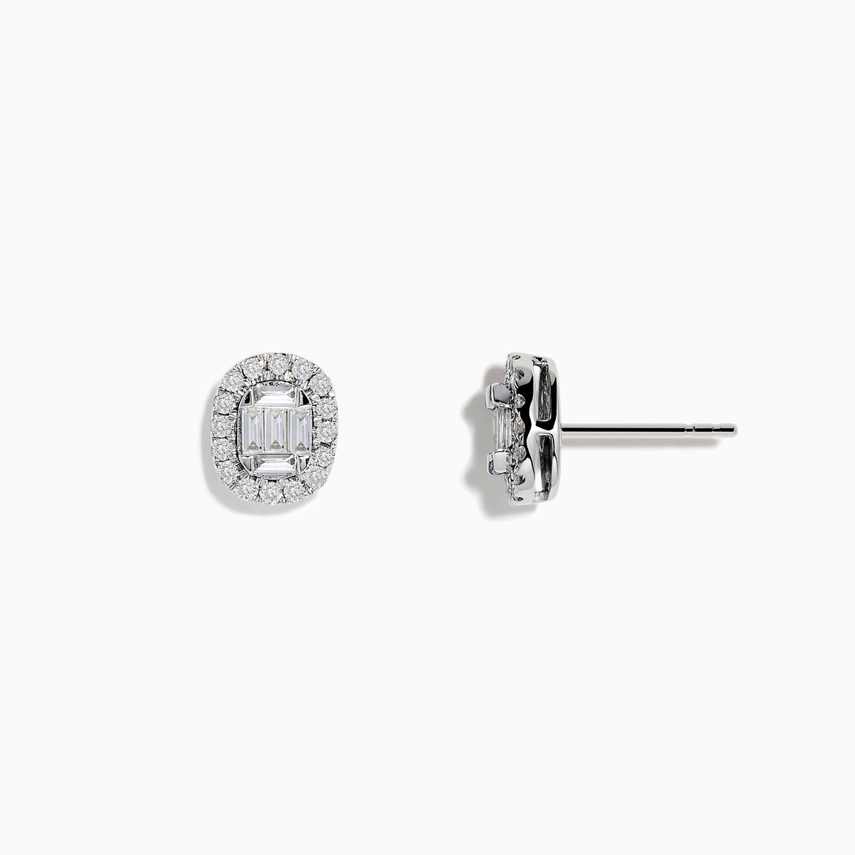 The Classique 14K White Gold Diamond Stud Earrings 0.59 TCW feature oval studs with central baguette-cut diamonds, each encircled by a halo of sparkling round stones.