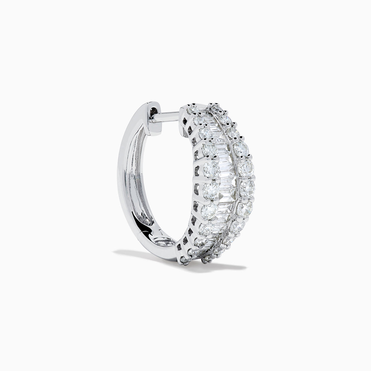 The Classique 14K White Gold Diamond Hoop Earrings feature rows of rectangular and round-cut diamonds, offering a sparkling and timeless look, beautifully displayed on a plain white background.