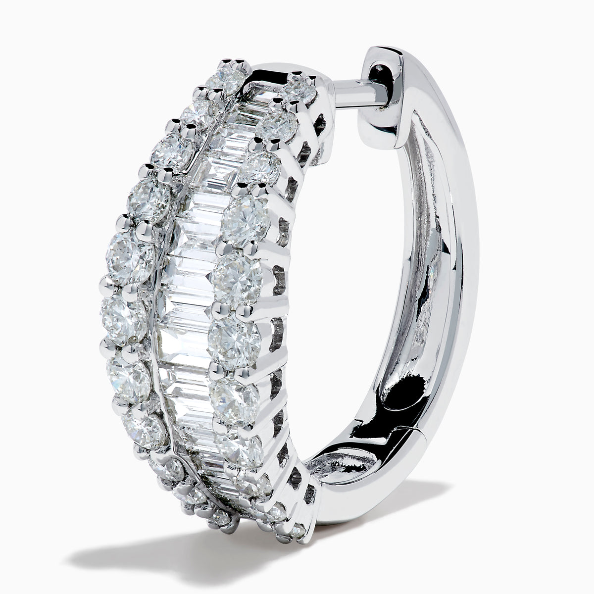 The Classique 14K White Gold Diamond Hoop Earrings feature rows of rectangular and round-cut diamonds, offering a sparkling and timeless look, beautifully displayed on a plain white background.