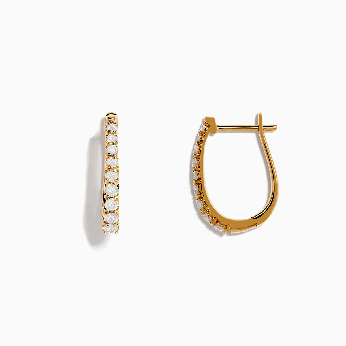A pair of Effy Doro 14K Yellow 3/4 Diamond Hoop Earrings (0.49 TCW) are displayed upright against a plain white background, each featuring a row of sparkling diamonds along the front.