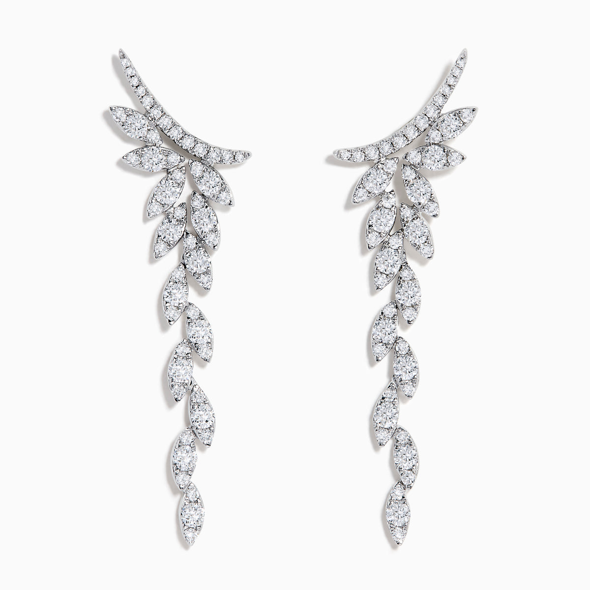 Elegant 14K White Gold Diamond Drop Leaf Earrings featuring a cascading leaf design adorned with sparkling diamonds.