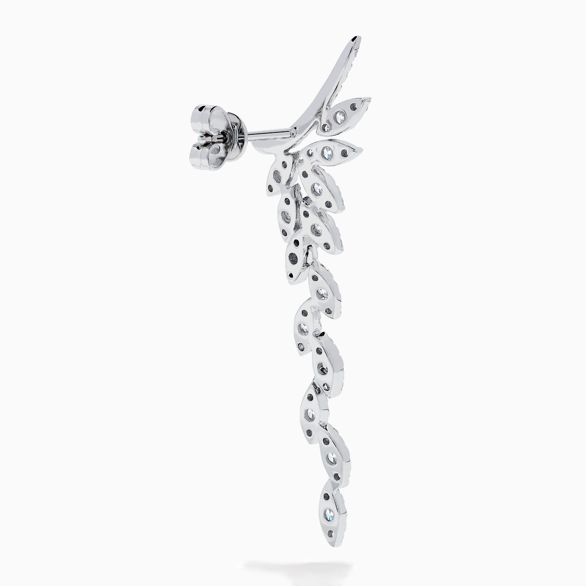 Elegant 14K White Gold Diamond Drop Leaf Earrings featuring a cascading leaf design adorned with sparkling diamonds.