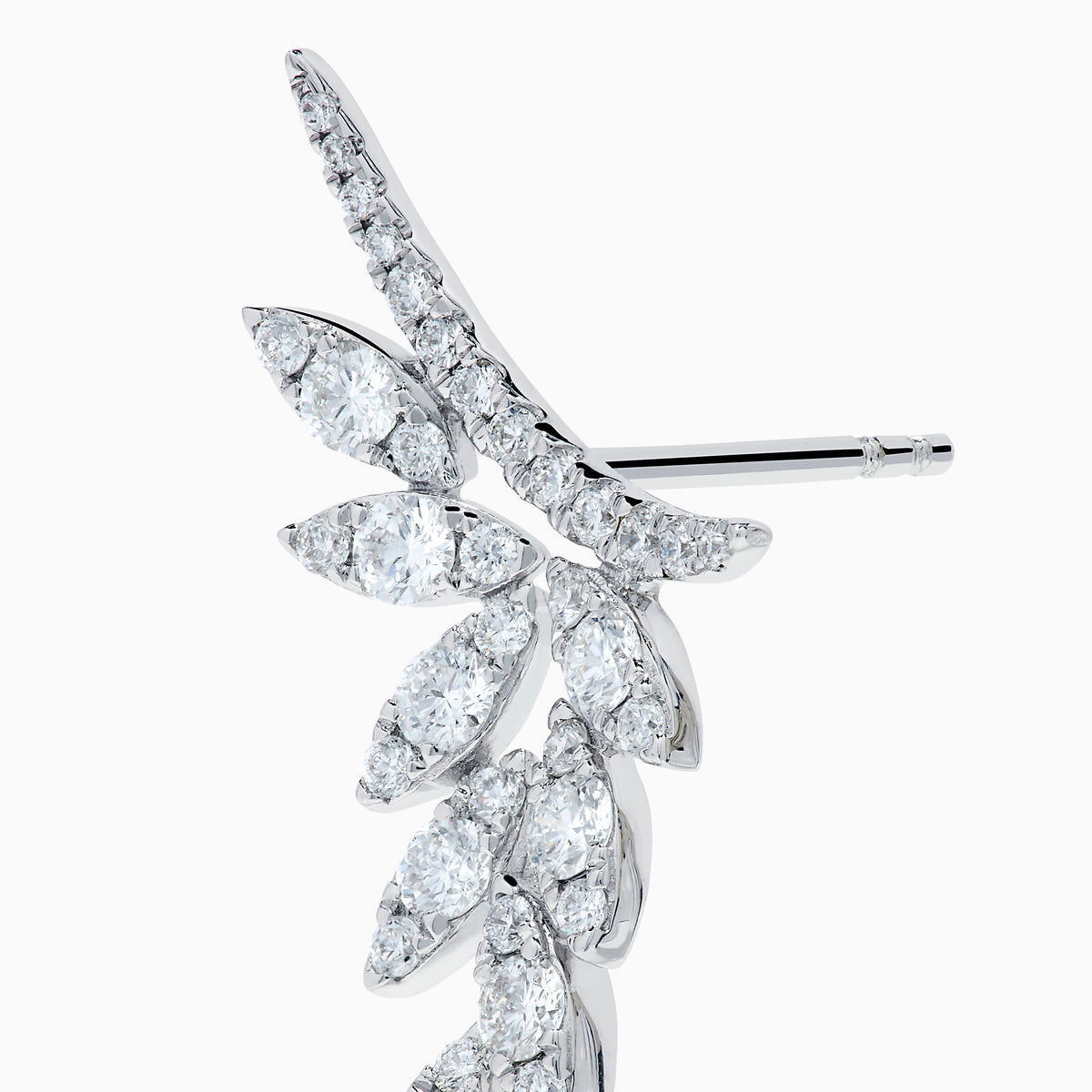 Elegant 14K White Gold Diamond Drop Leaf Earrings featuring a cascading leaf design adorned with sparkling diamonds.