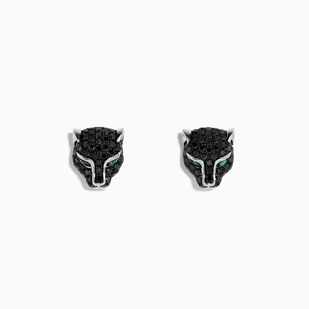 Effy 14K White Gold Black Diamond and Emerald Panther Stud Earrings
