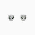 Signature 14K White Gold Diamond and Tsavorite Earrings, featuring silver panther head studs encrusted with white diamonds and tsavorite eyes, are displayed on a white background. These bold earrings add a striking touch to any collection.