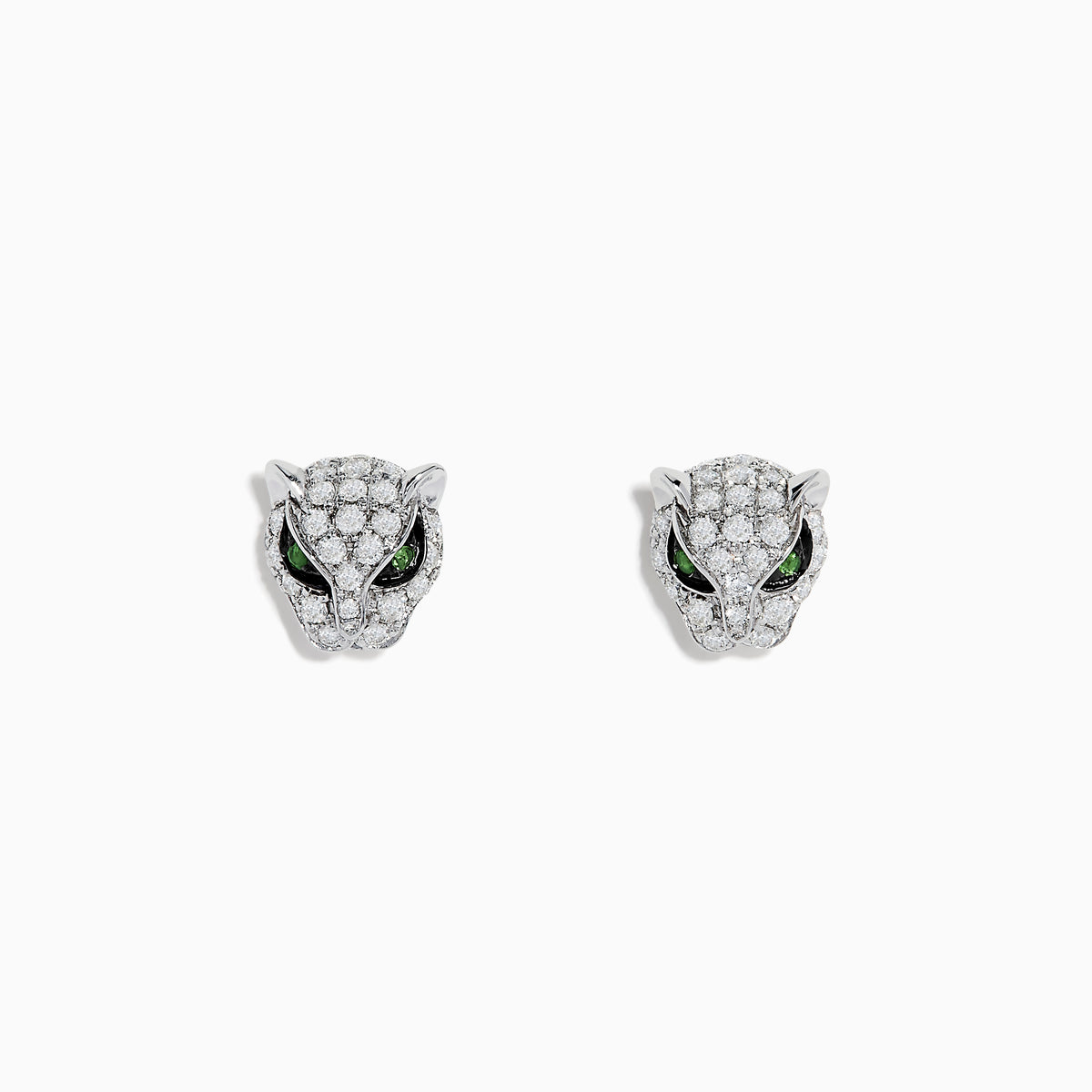 Signature 14K White Gold Diamond and Tsavorite Earrings, featuring silver panther head studs encrusted with white diamonds and tsavorite eyes, are displayed on a white background. These bold earrings add a striking touch to any collection.