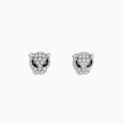 Signature 14K White Gold Diamond and Tsavorite Earrings, featuring silver panther head studs encrusted with white diamonds and tsavorite eyes, are displayed on a white background. These bold earrings add a striking touch to any collection.