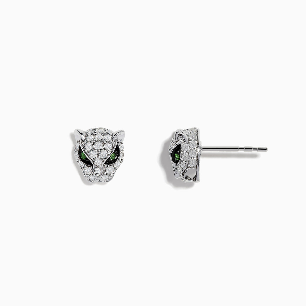 Signature 14K White Gold Diamond and Tsavorite Earrings, featuring silver panther head studs encrusted with white diamonds and tsavorite eyes, are displayed on a white background. These bold earrings add a striking touch to any collection.