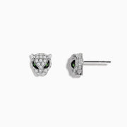 Signature 14K White Gold Diamond and Tsavorite Earrings, featuring silver panther head studs encrusted with white diamonds and tsavorite eyes, are displayed on a white background. These bold earrings add a striking touch to any collection.