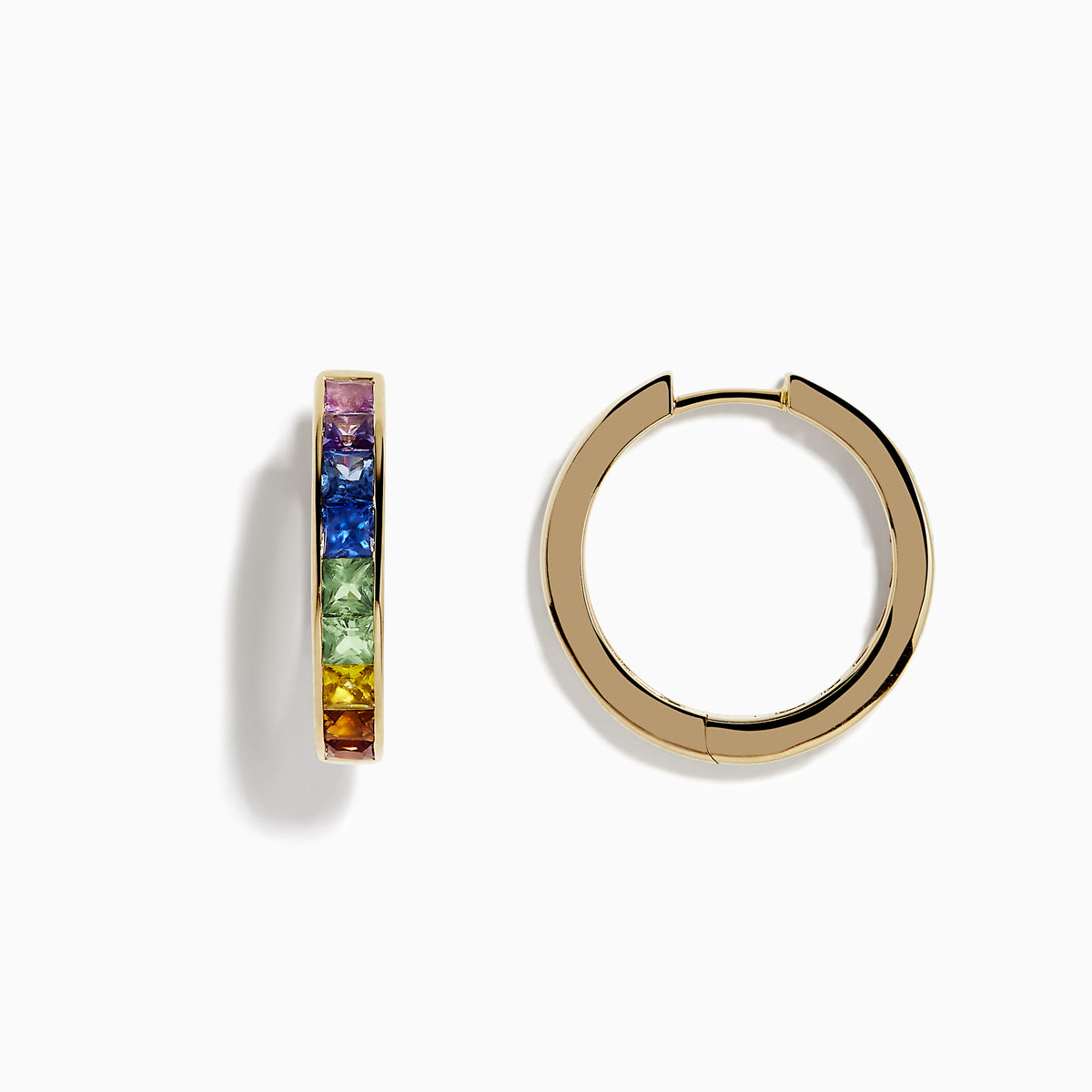 The Watercolor 14k Yellow Gold Princess Cut Multi Sapphire Hoop Earrings feature a rainbow gradient of square-cut sapphires—purple, blue, green, yellow, and orange—set on hoops and shown against a white background.