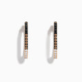 14K Rose Gold Hoop Earrings featuring three rows of stones: black and white diamonds on the top and bottom, with espresso diamonds in the middle, displayed against a white background.