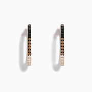 14K Rose Gold Hoop Earrings featuring three rows of stones: black and white diamonds on the top and bottom, with espresso diamonds in the middle, displayed against a white background.