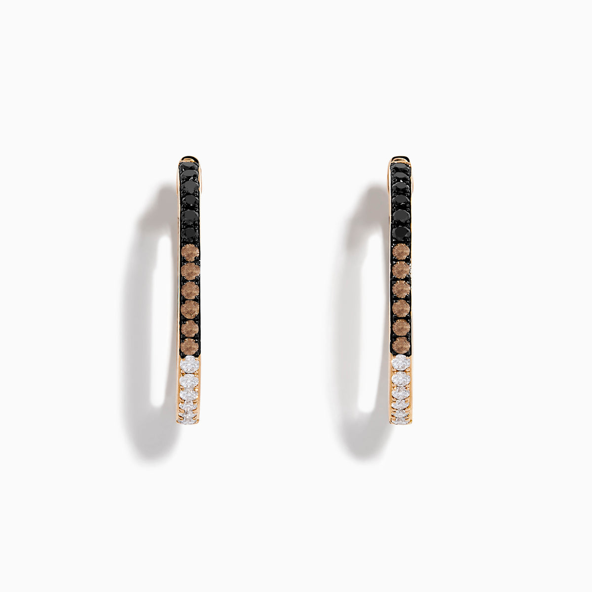 14K Rose Gold Hoop Earrings featuring three rows of stones: black and white diamonds on the top and bottom, with espresso diamonds in the middle, displayed against a white background.
