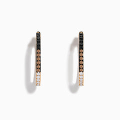 14K Rose Gold Hoop Earrings featuring three rows of stones: black and white diamonds on the top and bottom, with espresso diamonds in the middle, displayed against a white background.