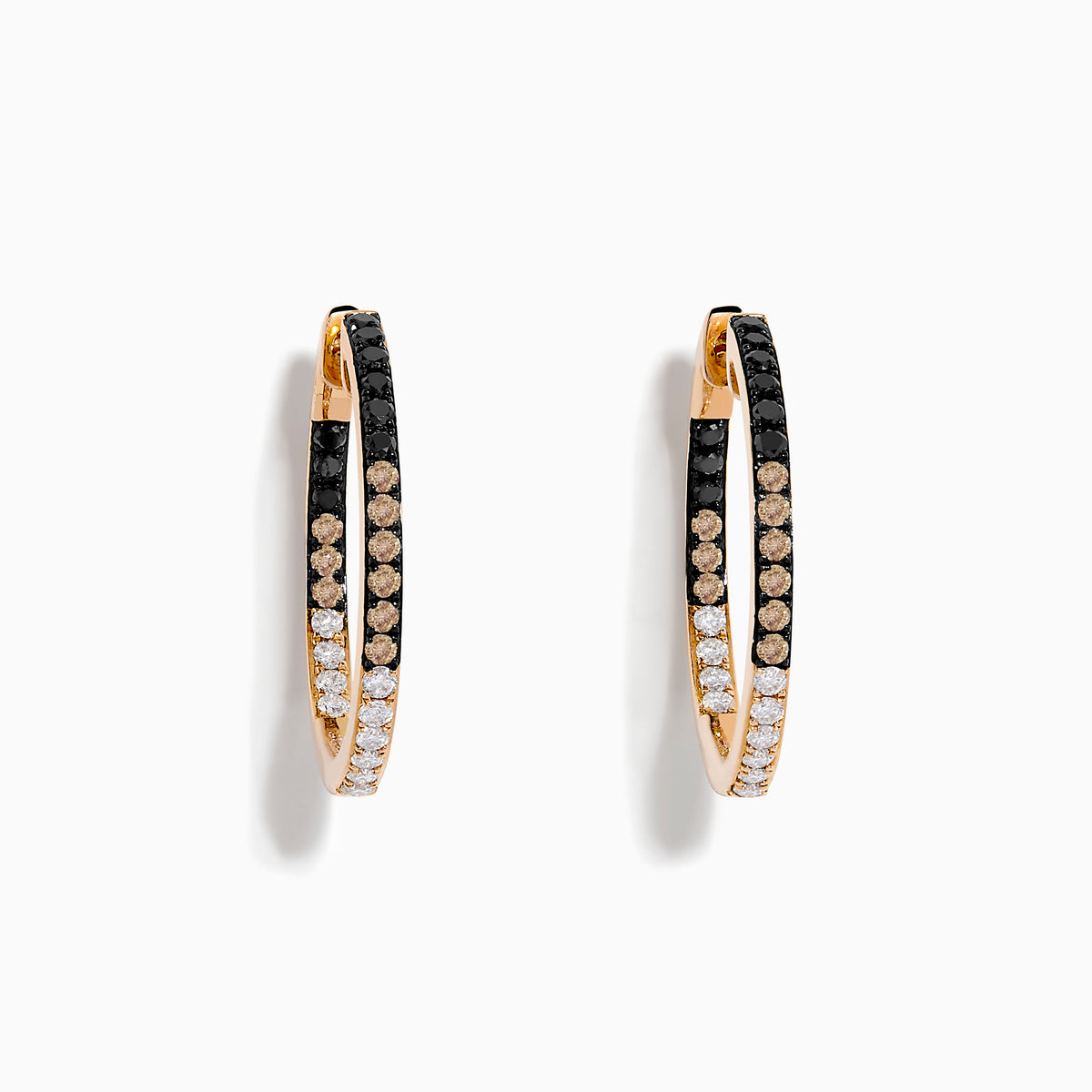 14K Rose Gold Hoop Earrings featuring three rows of stones: black and white diamonds on the top and bottom, with espresso diamonds in the middle, displayed against a white background.