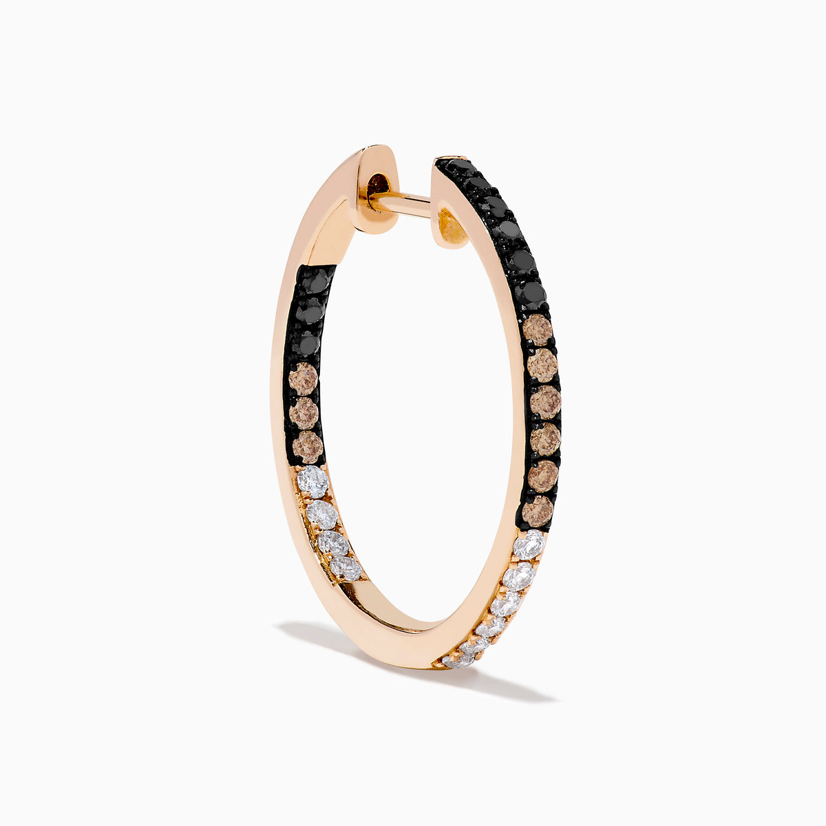 14K Rose Gold Hoop Earrings featuring three rows of stones: black and white diamonds on the top and bottom, with espresso diamonds in the middle, displayed against a white background.