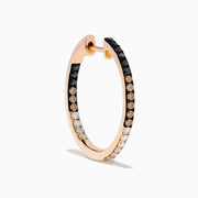 14K Rose Gold Hoop Earrings featuring three rows of stones: black and white diamonds on the top and bottom, with espresso diamonds in the middle, displayed against a white background.