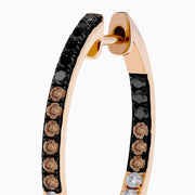14K Rose Gold Hoop Earrings featuring three rows of stones: black and white diamonds on the top and bottom, with espresso diamonds in the middle, displayed against a white background.