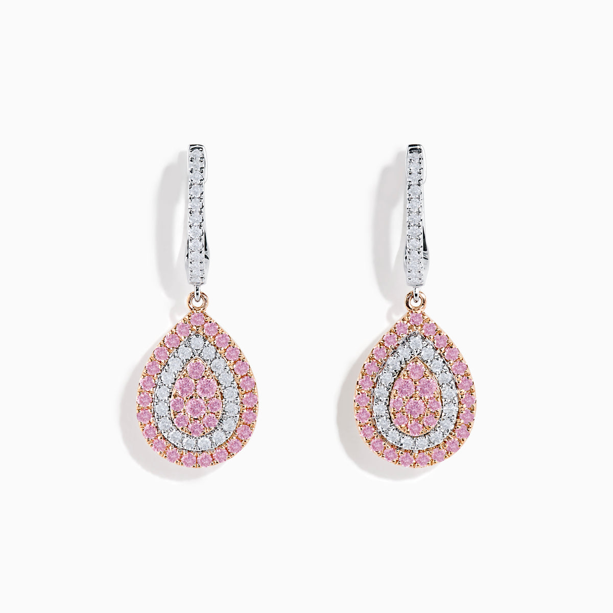 A pair of 14K Two Tone Gold Pink and White Diamond Earrings with teardrop shapes, layered pink and white diamonds, and silver hooks accented with white stones, displayed on a white background.