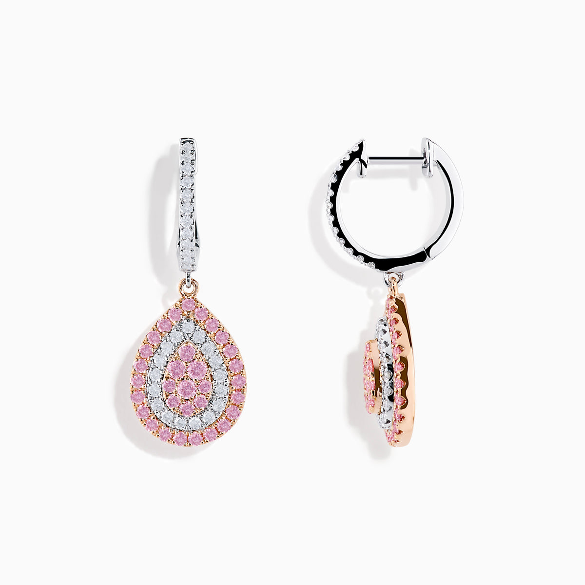 A pair of 14K Two Tone Gold Pink and White Diamond Earrings with teardrop shapes, layered pink and white diamonds, and silver hooks accented with white stones, displayed on a white background.