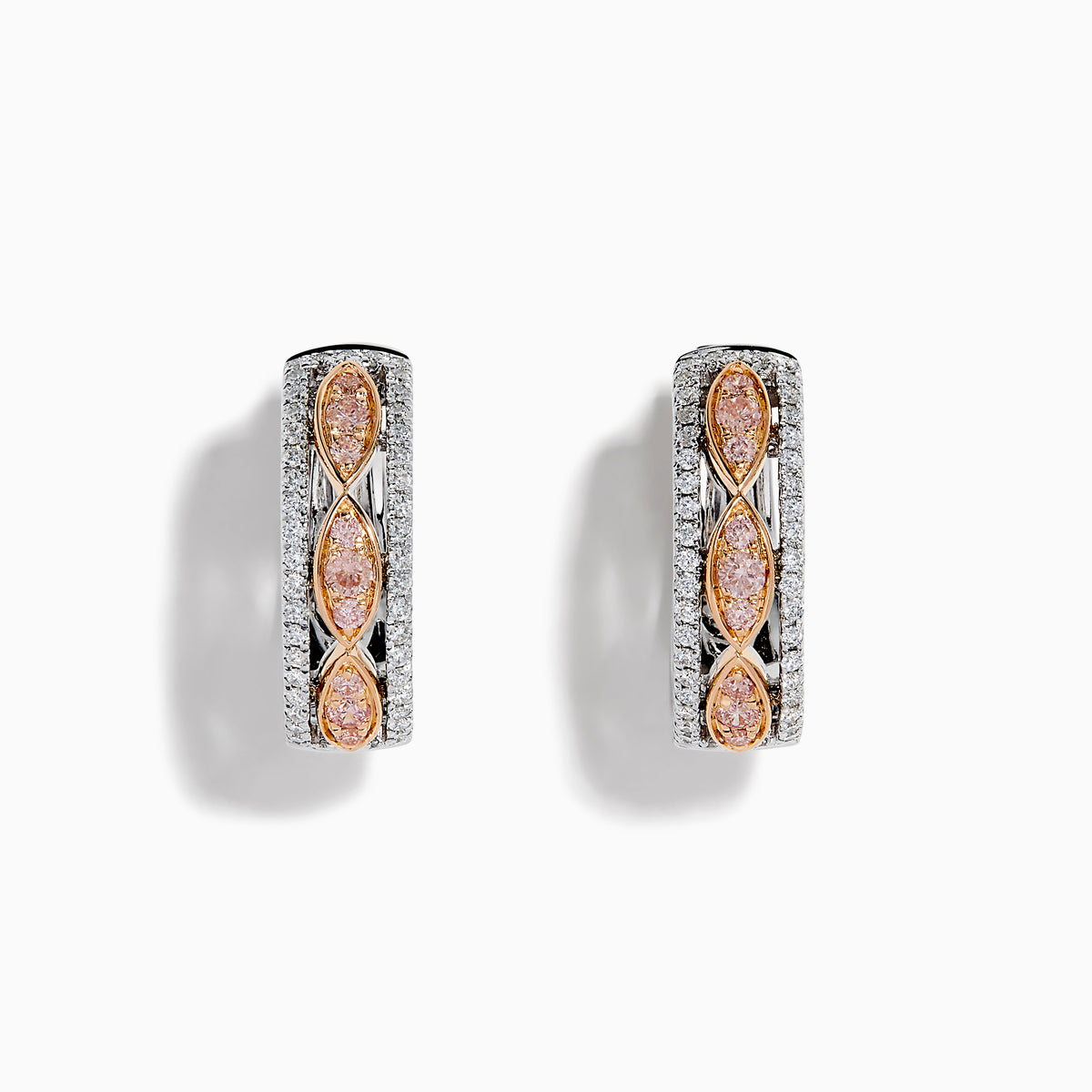 The 14K Two-Tone Gold Pink and White Diamond Huggie Earrings feature marquise-shaped pink gems set in gold on a silver base, accented by white stones, shown against a white background.
