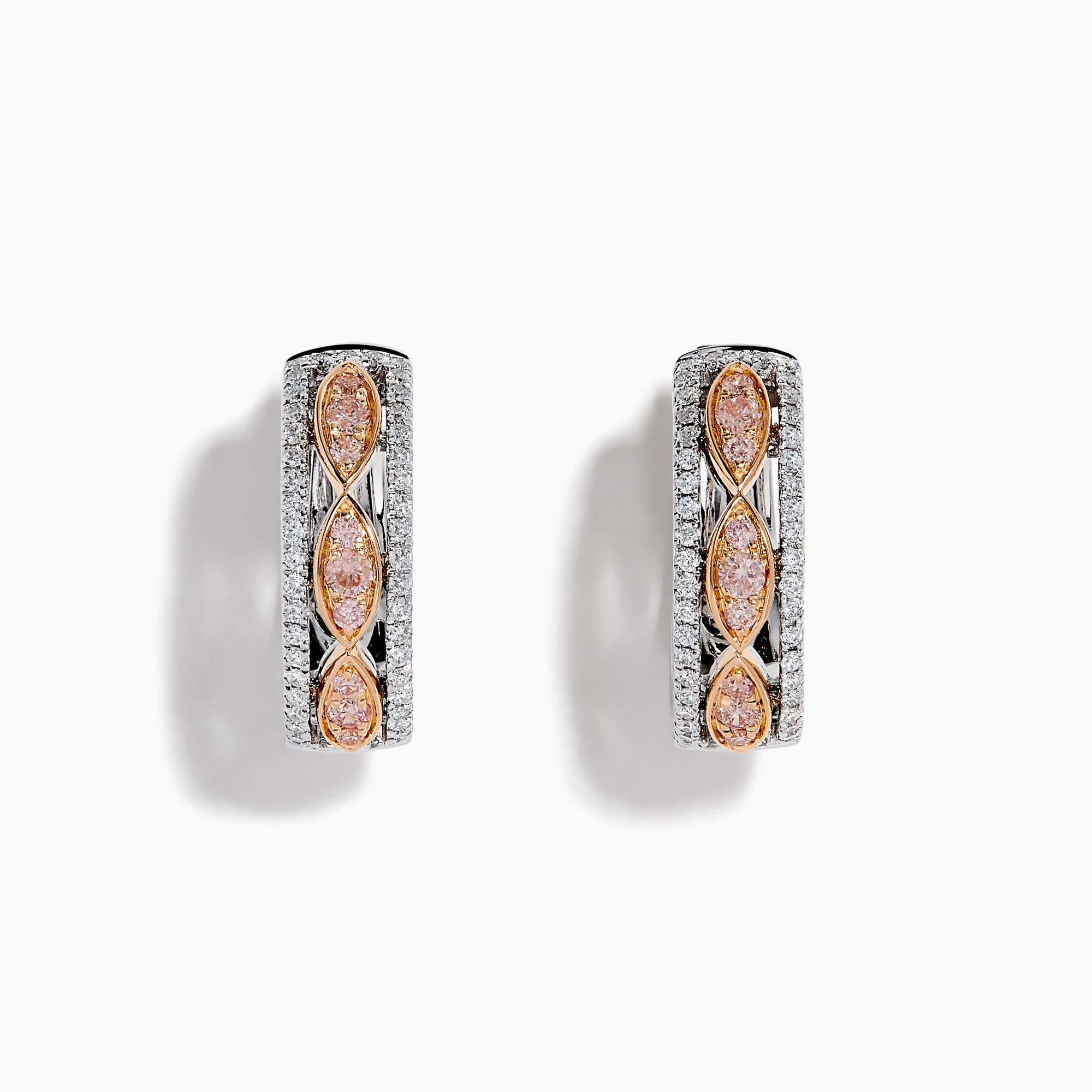 The 14K Two-Tone Gold Pink and White Diamond Huggie Earrings feature marquise-shaped pink gems set in gold on a silver base, accented by white stones, shown against a white background.