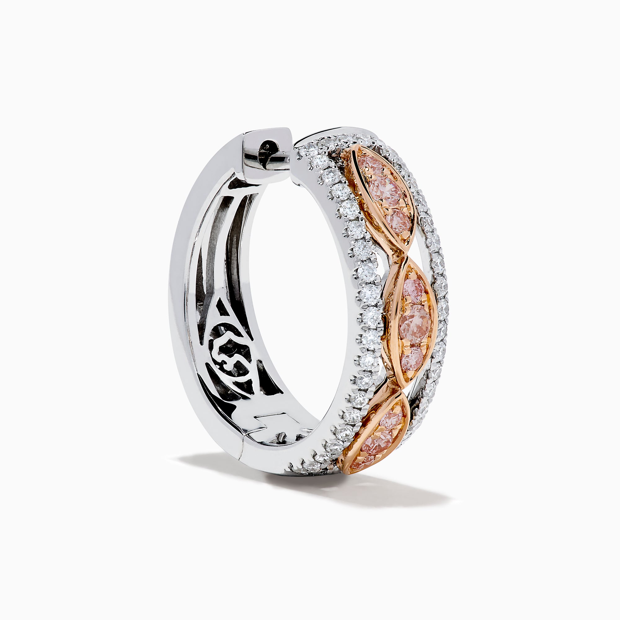 The 14K Two-Tone Gold Pink and White Diamond Huggie Earrings feature marquise-shaped pink gems set in gold on a silver base, accented by white stones, shown against a white background.