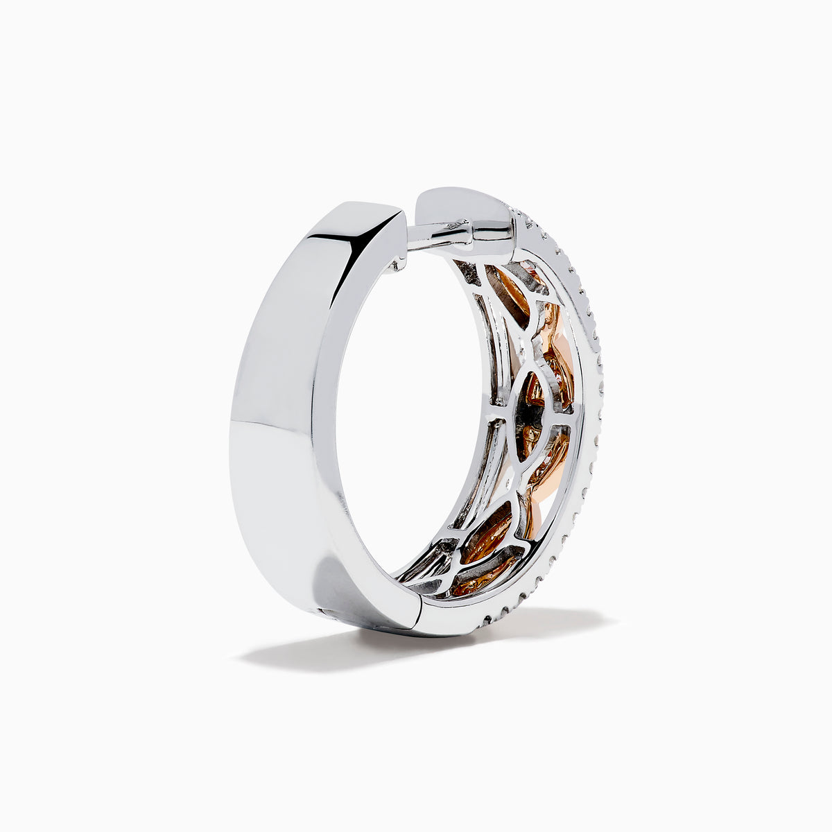 The 14K Two-Tone Gold Pink and White Diamond Huggie Earrings feature marquise-shaped pink gems set in gold on a silver base, accented by white stones, shown against a white background.