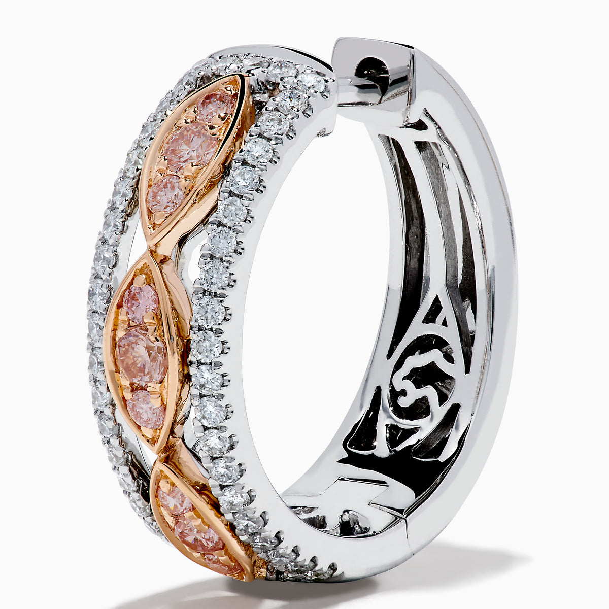 The 14K Two-Tone Gold Pink and White Diamond Huggie Earrings feature marquise-shaped pink gems set in gold on a silver base, accented by white stones, shown against a white background.