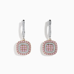 The 14K Two-Tone Gold Pink and White Diamond Drop Earrings showcase square pendants with concentric pink and white diamonds in a halo design, gracefully hanging from hoops encrusted with shimmering white stones.