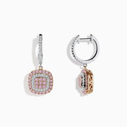 The 14K Two-Tone Gold Pink and White Diamond Drop Earrings showcase square pendants with concentric pink and white diamonds in a halo design, gracefully hanging from hoops encrusted with shimmering white stones.