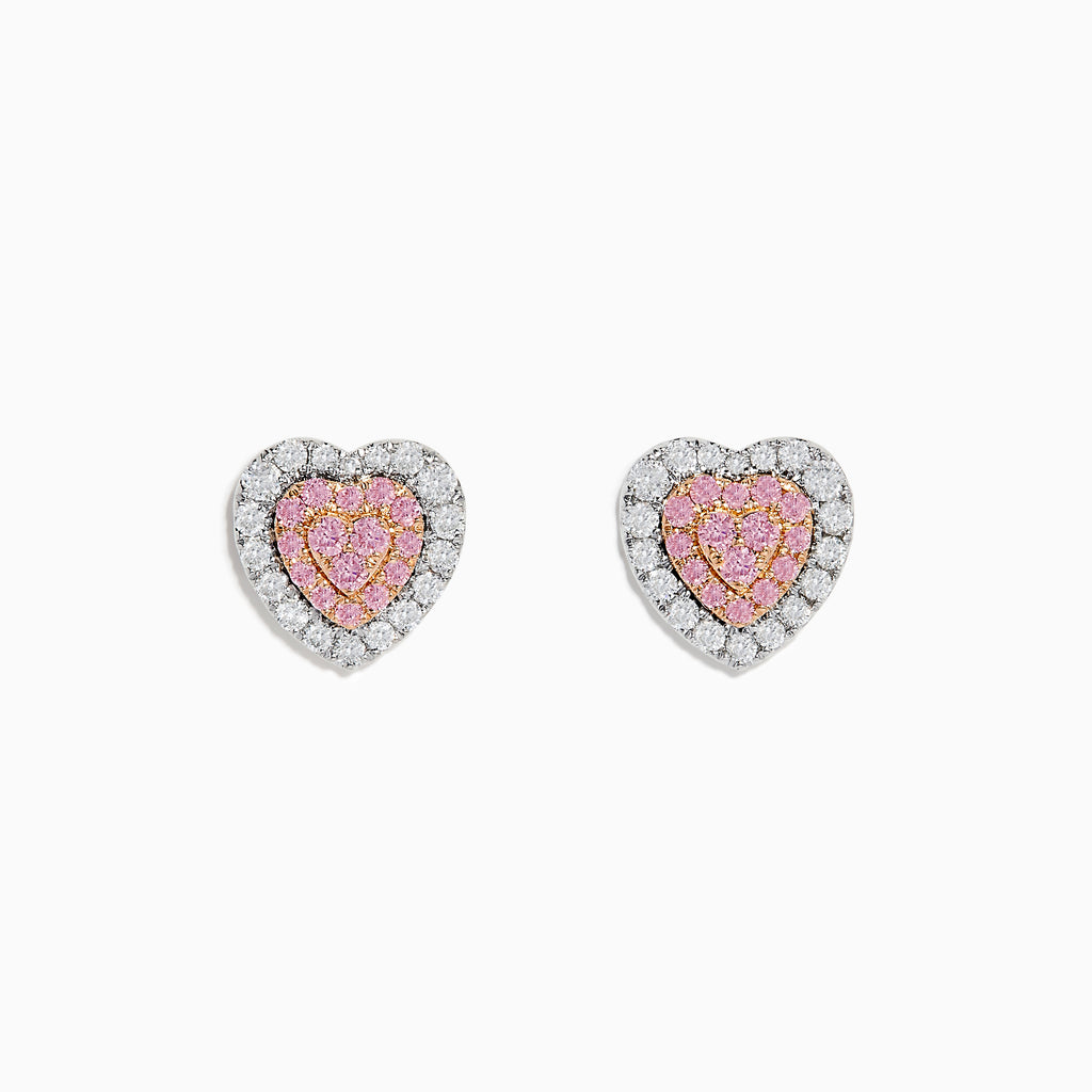 Add a touch of elegance to any look with the Novelty 18K Two Tone Gold Pink and White Diamond Heart Earrings, featuring pink stones at the center and clear stones surrounding each heart-shaped stud.