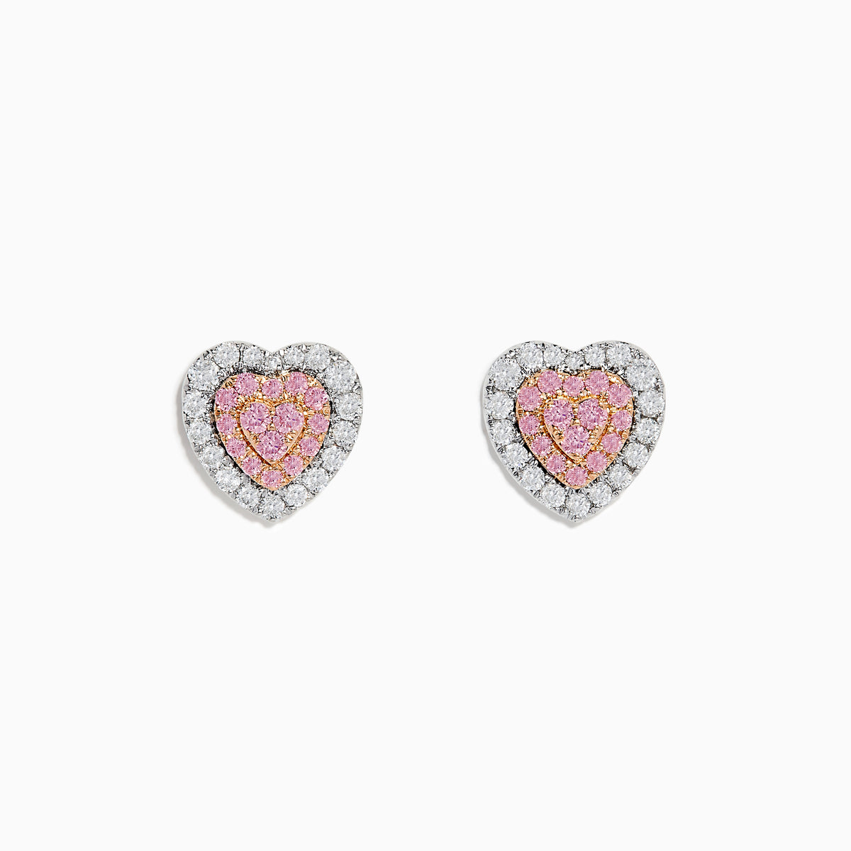 Add a touch of elegance to any look with the Novelty 18K Two Tone Gold Pink and White Diamond Heart Earrings, featuring pink stones at the center and clear stones surrounding each heart-shaped stud.