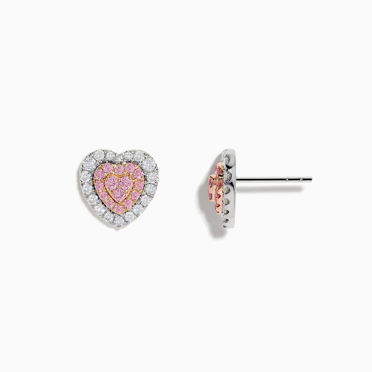Add a touch of elegance to any look with the Novelty 18K Two Tone Gold Pink and White Diamond Heart Earrings, featuring pink stones at the center and clear stones surrounding each heart-shaped stud.