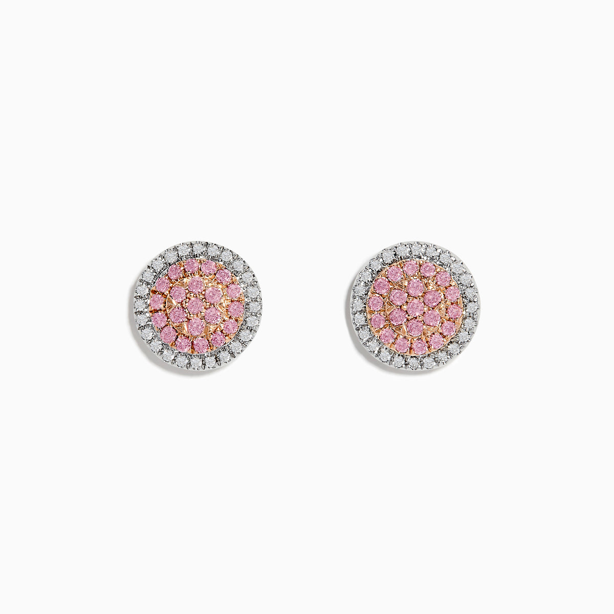 These 14K Two Tone Gold Pink and White Diamond Earrings feature a cluster of pink stones at the center, encircled by clear diamonds in a round design.