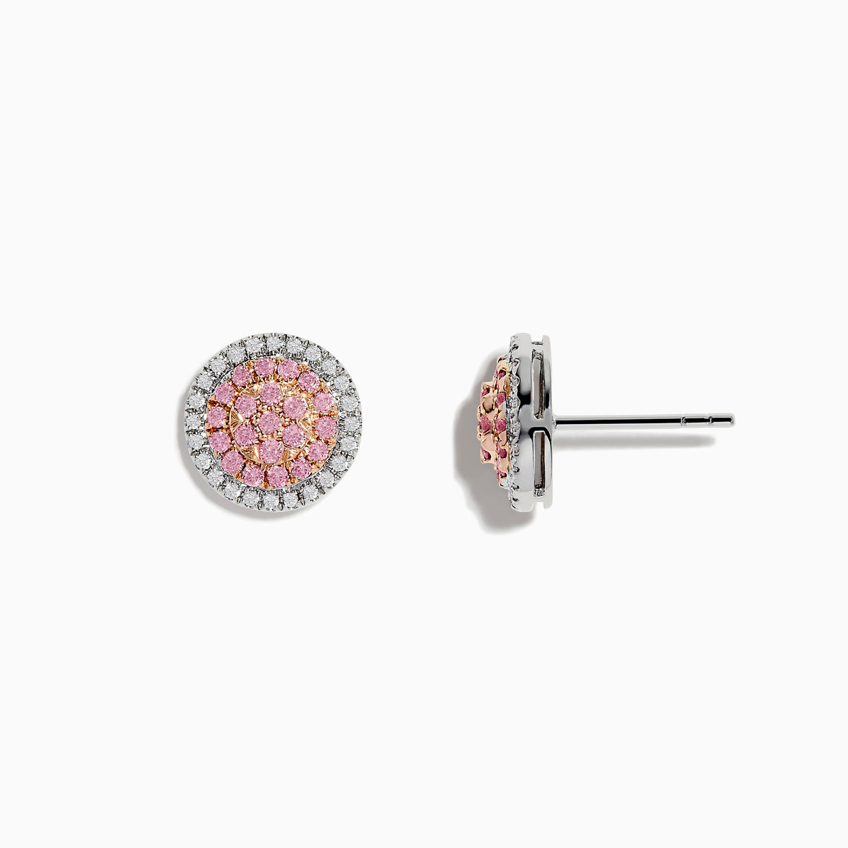 These 14K Two Tone Gold Pink and White Diamond Earrings feature a cluster of pink stones at the center, encircled by clear diamonds in a round design.