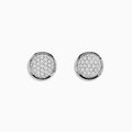 14K White Gold Diamond Earrings featuring round studs with a pavé setting of sparkling diamonds, bordered by a smooth white gold rim, shown against a plain white background.