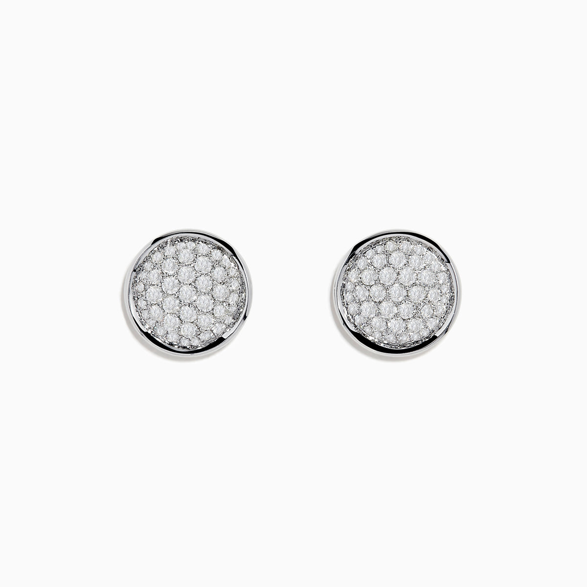 14K White Gold Diamond Earrings featuring round studs with a pavé setting of sparkling diamonds, bordered by a smooth white gold rim, shown against a plain white background.