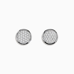 14K White Gold Diamond Earrings featuring round studs with a pavé setting of sparkling diamonds, bordered by a smooth white gold rim, shown against a plain white background.