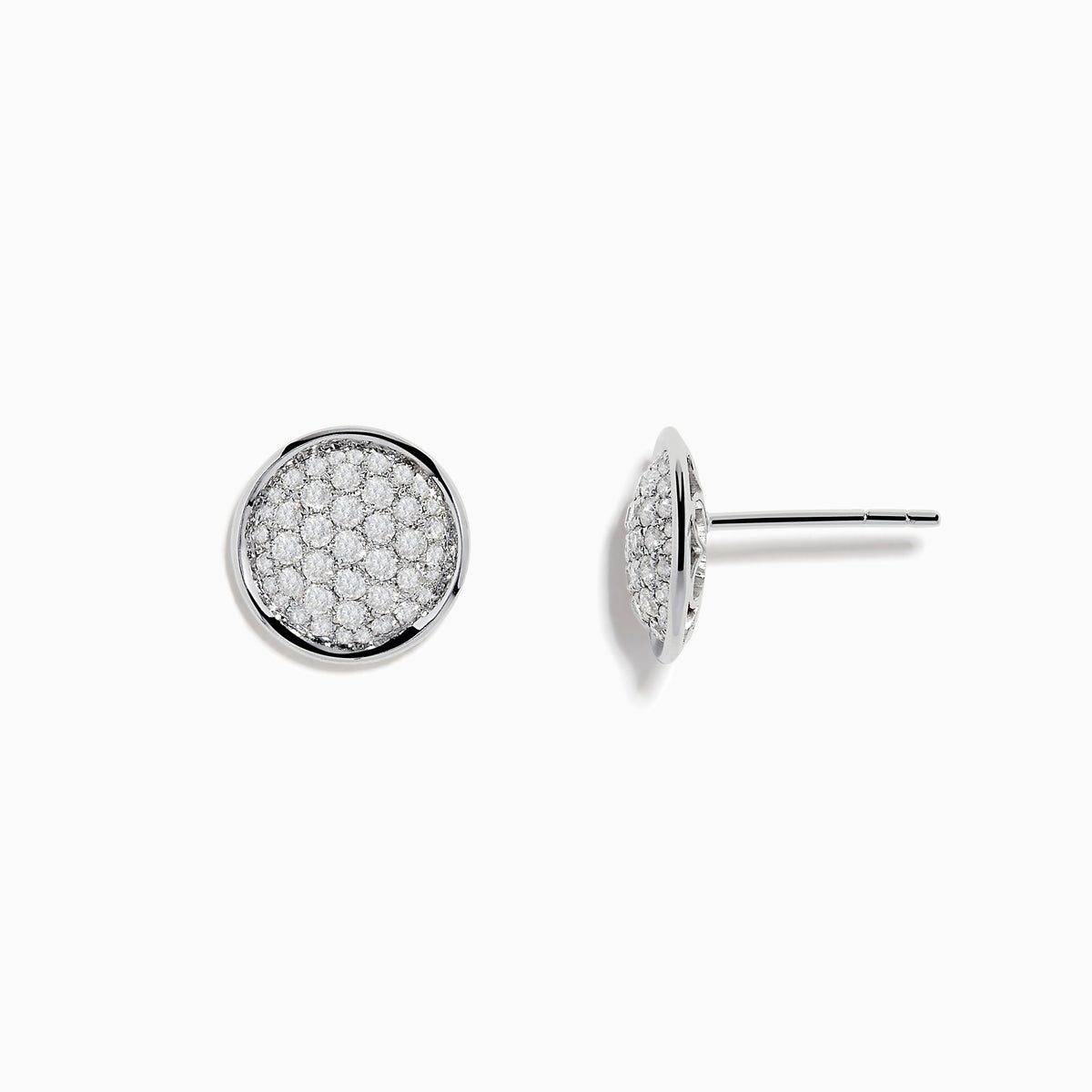 14K White Gold Diamond Earrings featuring round studs with a pavé setting of sparkling diamonds, bordered by a smooth white gold rim, shown against a plain white background.