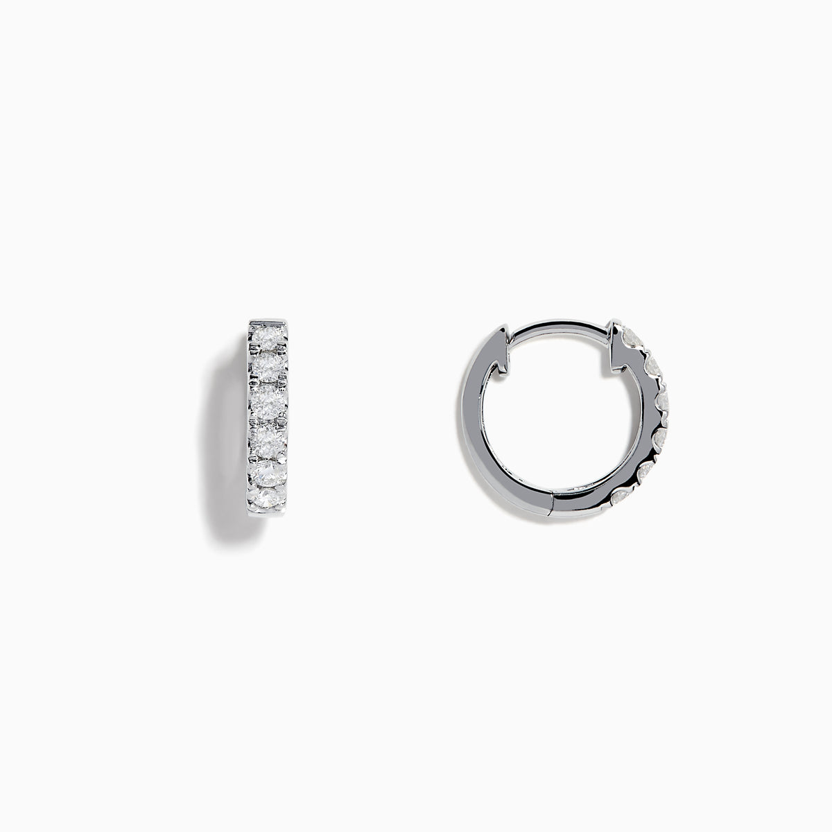 Pave Classica 14k White Gold Diamond Huggie Earrings, each featuring a row of sparkling diamonds along the front, are shown against a plain white background.