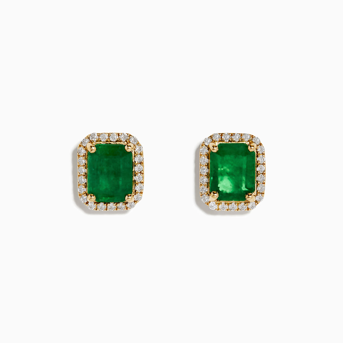 The Brasillica 14K Yellow Gold Emerald and Diamond Earrings feature rectangular green gems bordered by sparkling diamonds on a plain white background—ideal for those seeking elegant and luxurious emerald stud earrings.